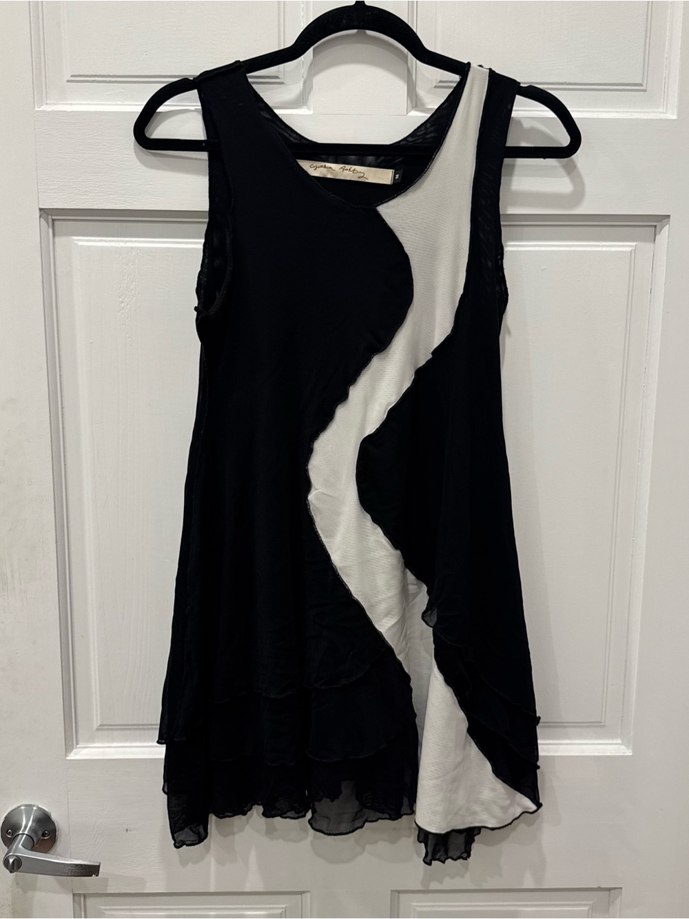 Cynthia Ashby Mesh Lagenlook Dress Black White Asymmetrical Tiered Raw Hem M